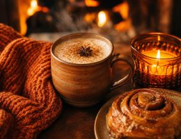 Ambiance d'automne ultra-chaleureuse avec latte épicé fumant, brioche à la cannelle et lueur dorée de cheminée