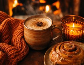 Ambiance d'automne ultra-chaleureuse avec latte épicé fumant, brioche à la cannelle et lueur dorée de cheminée