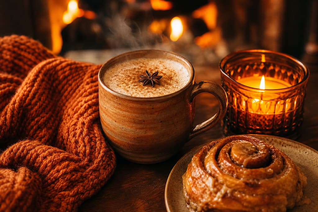 Ambiance d'automne ultra-chaleureuse avec latte épicé fumant, brioche à la cannelle et lueur dorée de cheminée