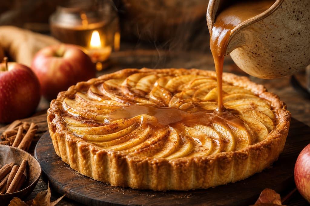 Tarte aux pommes et à la cannelle dorée sortant du four avec nappage caramel dans une ambiance d'automne réconfortante