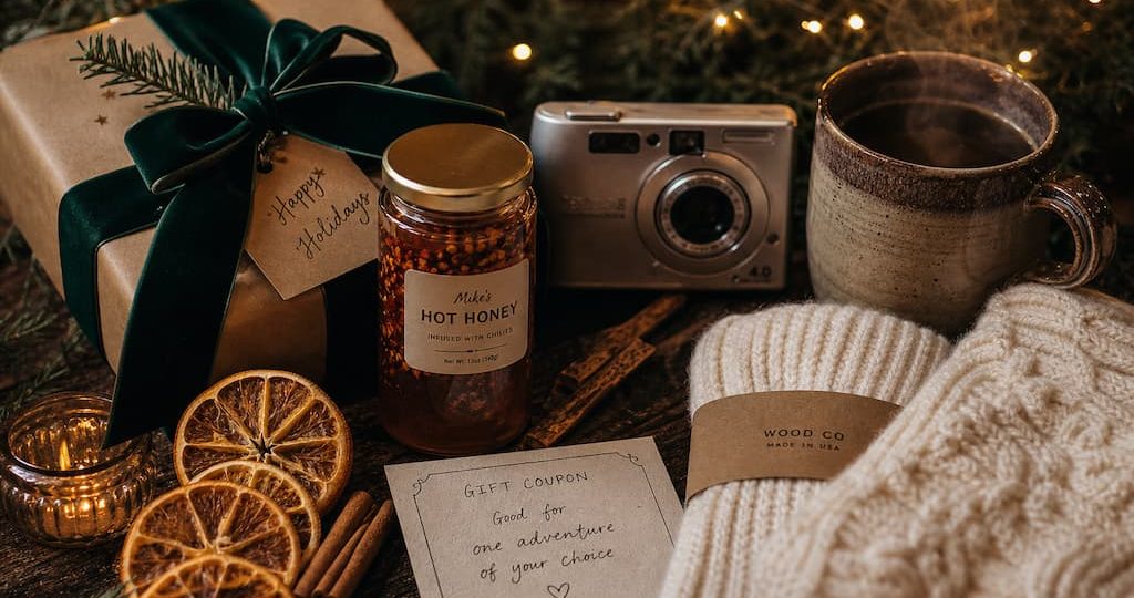 Composition festive et chaleureuse de cadeaux de Noël originaux : bocal gourmand, appareil photo vintage, tasse réconfortante et emballages naturels