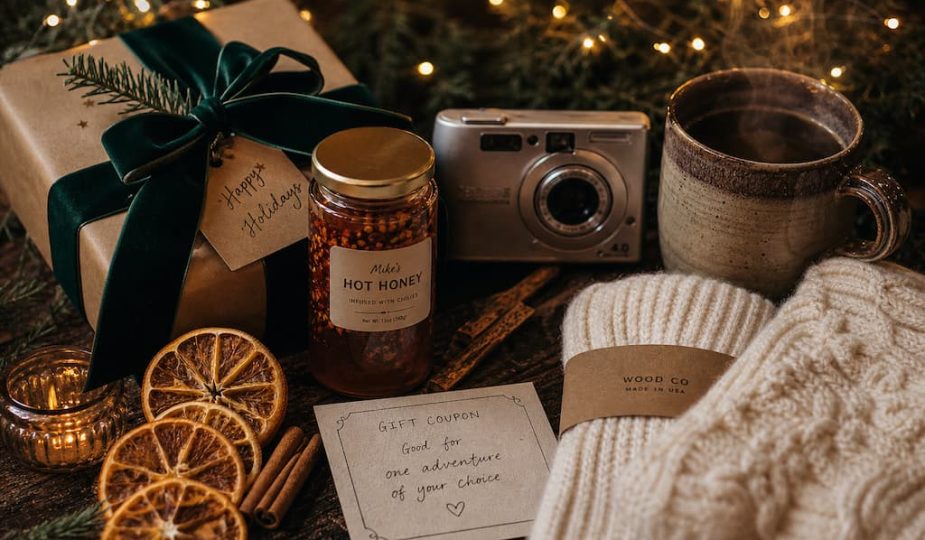 Composition festive et chaleureuse de cadeaux de Noël originaux : bocal gourmand, appareil photo vintage, tasse réconfortante et emballages naturels