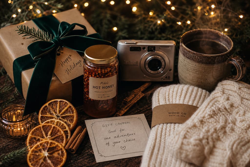 Composition festive et chaleureuse de cadeaux de Noël originaux : bocal gourmand, appareil photo vintage, tasse réconfortante et emballages naturels