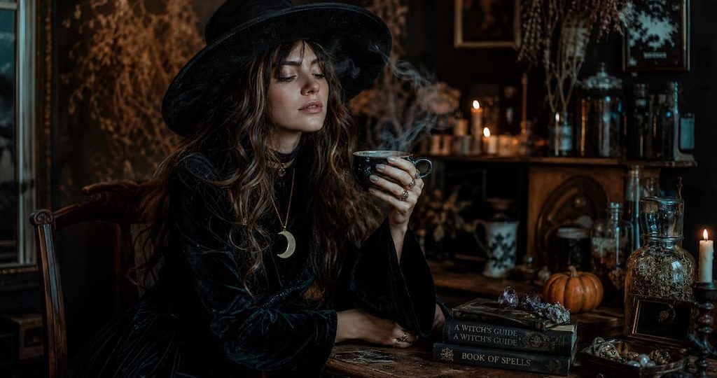 Déguisement d'Halloween boho-chic avec robe noire vintage, chapeau et bougies dans une ambiance sombre