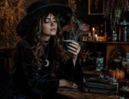 Déguisement d'Halloween boho-chic avec robe noire vintage, chapeau et bougies dans une ambiance sombre