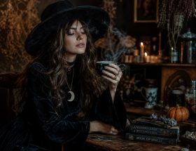 Déguisement d'Halloween boho-chic avec robe noire vintage, chapeau et bougies dans une ambiance sombre