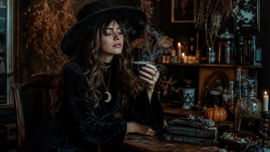 Déguisement d'Halloween boho-chic avec robe noire vintage, chapeau et bougies dans une ambiance sombre
