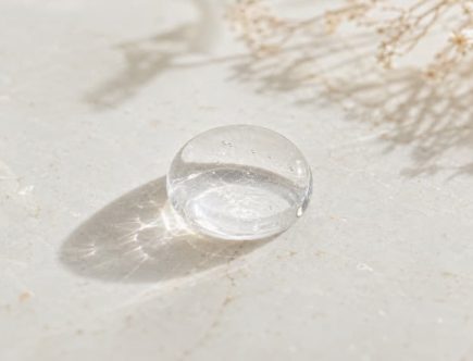 Texture fluide et transparente d'une goutte de sérum à l'acide hyaluronique