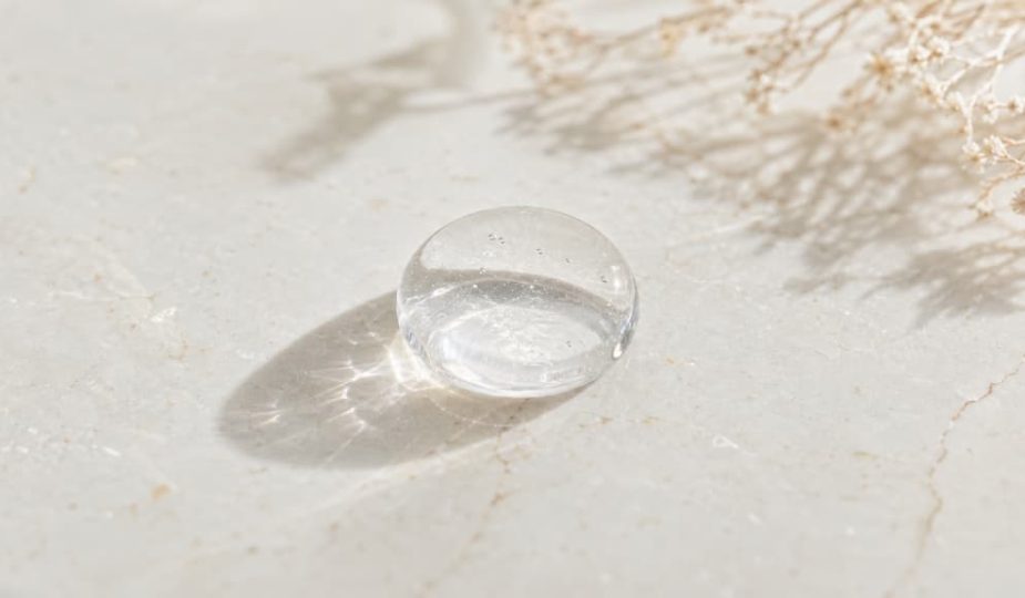 Texture fluide et transparente d'une goutte de sérum à l'acide hyaluronique