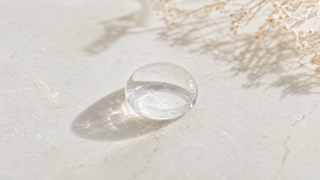 Texture fluide et transparente d'une goutte de sérum à l'acide hyaluronique