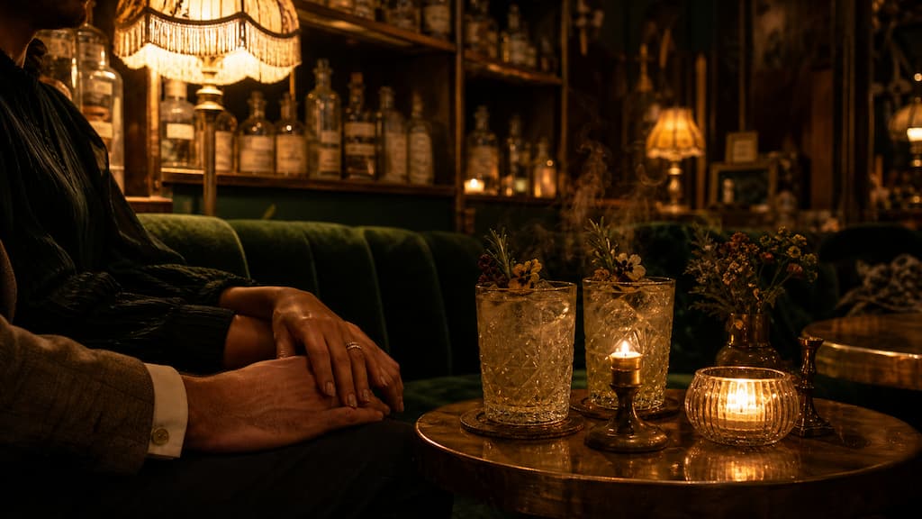 Ambiance intimiste d'un bar secret speakeasy avec banquettes en velours vert émeraude, bougies et mocktails botaniques