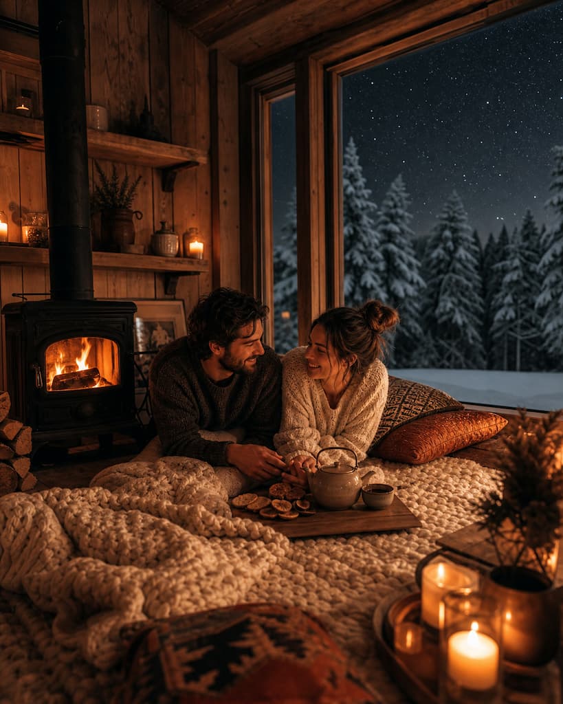 Soirée romantique au coin d'un poêle à bois dans une cabane, plaid en laine, bougies et thé chaud