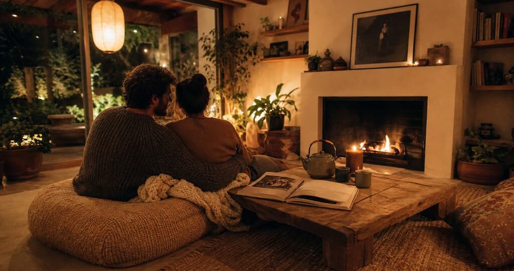 Ambiance romantique et chaleureuse d'une soirée en couple à la maison avec bougies, thé chaud et plaids en laine sur table basse en bois brut