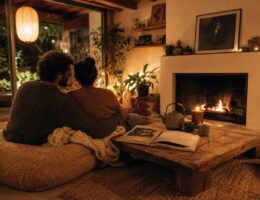 Ambiance romantique et chaleureuse d'une soirée en couple à la maison avec bougies, thé chaud et plaids en laine sur table basse en bois brut