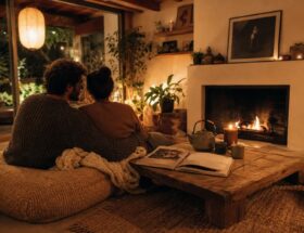 Ambiance romantique et chaleureuse d'une soirée en couple à la maison avec bougies, thé chaud et plaids en laine sur table basse en bois brut