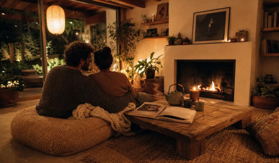 Ambiance romantique et chaleureuse d'une soirée en couple à la maison avec bougies, thé chaud et plaids en laine sur table basse en bois brut