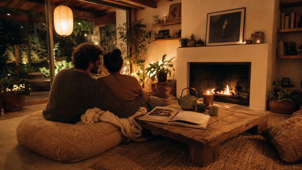 Ambiance romantique et chaleureuse d'une soirée en couple à la maison avec bougies, thé chaud et plaids en laine sur table basse en bois brut