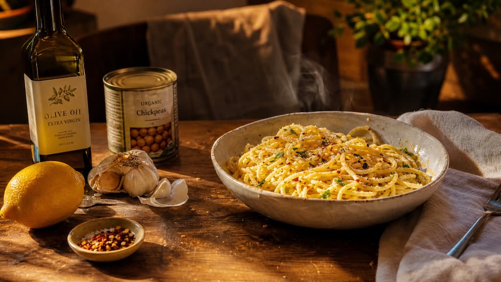 Bol de pâtes simple à l'ail et huile d'olive entouré d'ingrédients de placard basiques