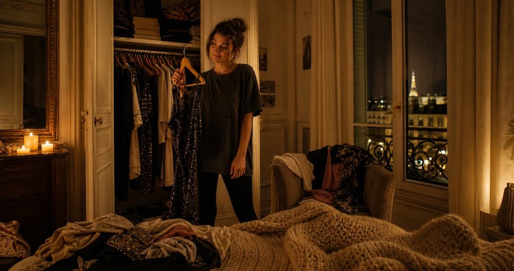 Femme en panique devant son dressing ouvert un samedi soir, vêtements éparpillés, ambiance dorée et chaleureuse