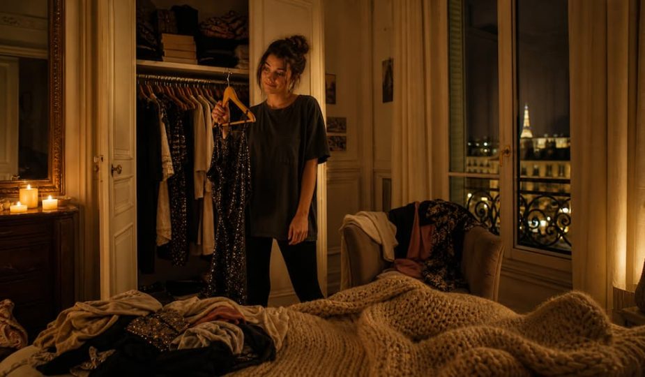 Femme en panique devant son dressing ouvert un samedi soir, vêtements éparpillés, ambiance dorée et chaleureuse