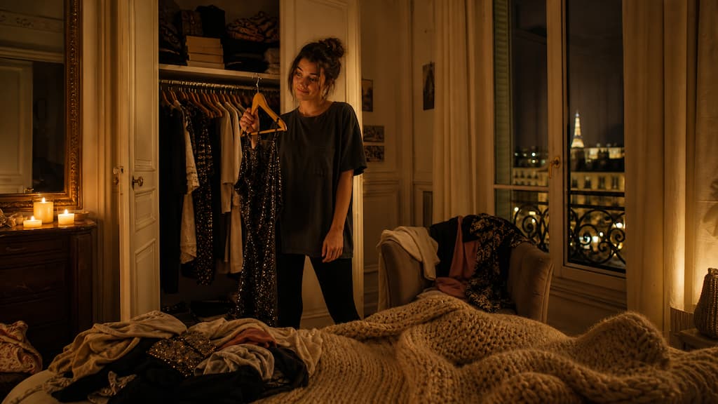 Femme en panique devant son dressing ouvert un samedi soir, vêtements éparpillés, ambiance dorée et chaleureuse
