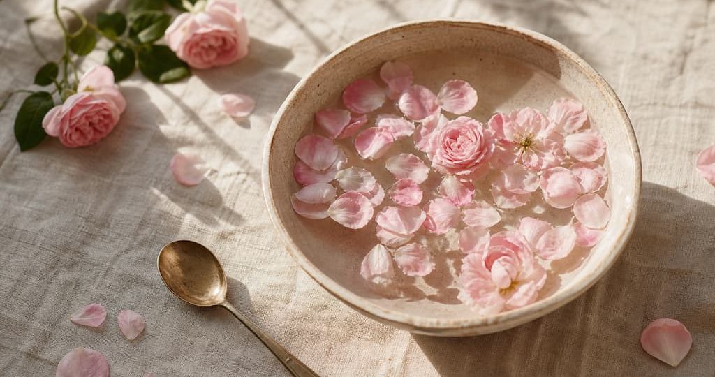 Composition boho-chic avec bol en céramique rempli d'eau et de pétales de rose flottants sur lin clair
