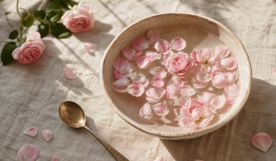 Composition boho-chic avec bol en céramique rempli d'eau et de pétales de rose flottants sur lin clair