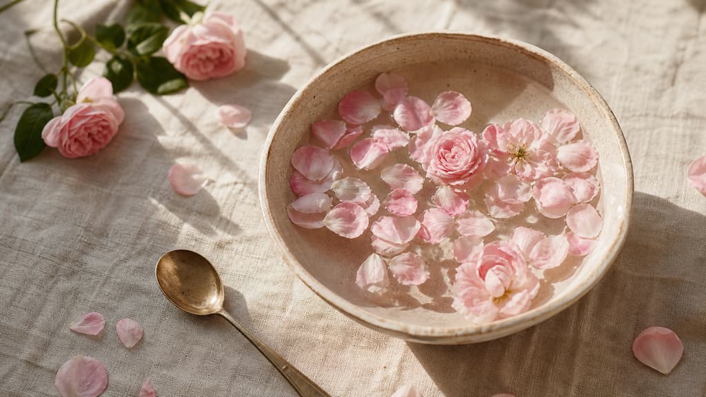 Composition boho-chic avec bol en céramique rempli d'eau et de pétales de rose flottants sur lin clair