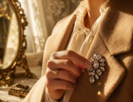 Main élégante fixant une broche vintage à strass scintillants sur le revers d'un manteau en laine camel, ambiance boudoir doré