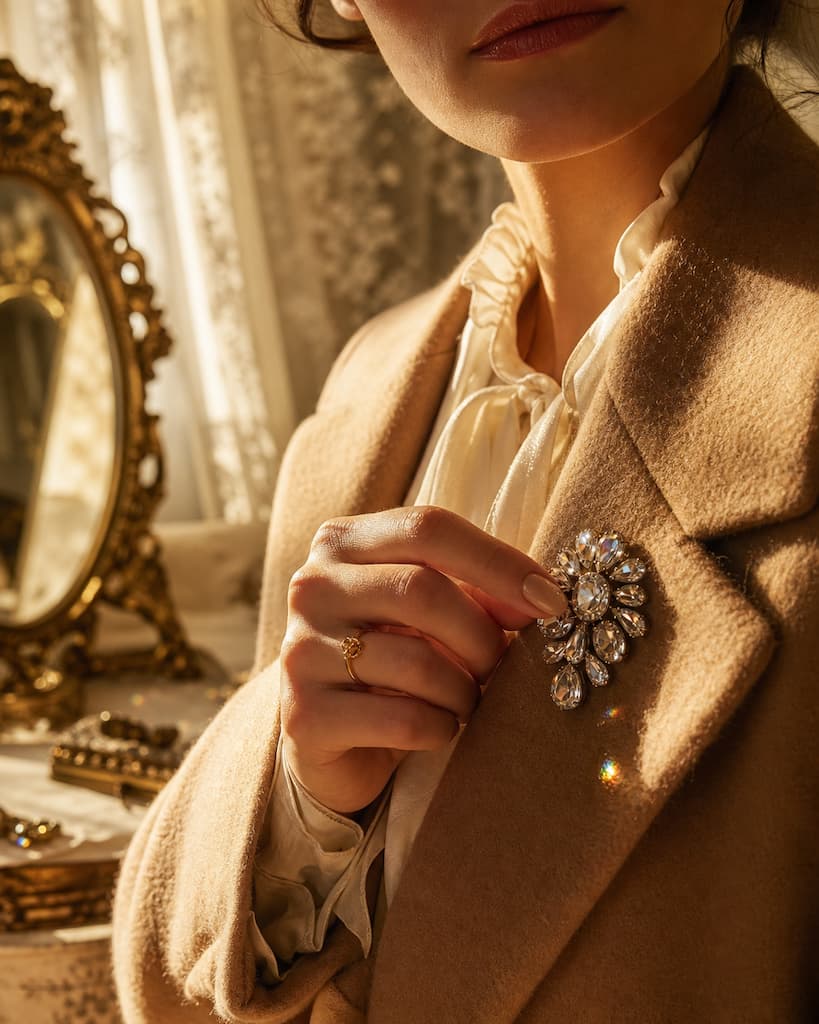 Main élégante fixant une broche vintage à strass scintillants sur le revers d'un manteau en laine camel, ambiance boudoir doré