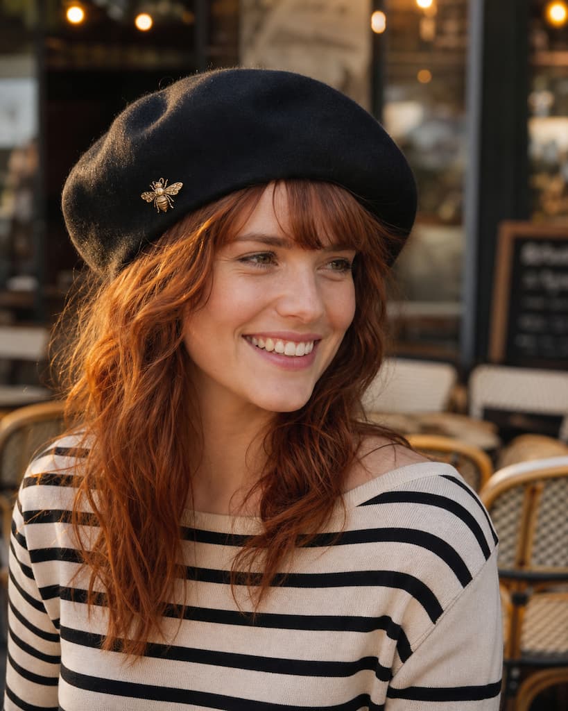 La broche le détail qui change tout (guide complet pour la porter avec style, vintage & strass) Jeune femme souriante portant un béret noir orné d'une petite broche abeille dorée, style parisien effortless