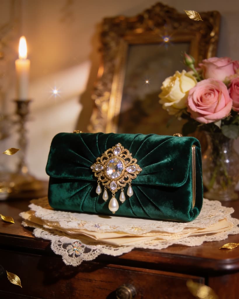 La broche le détail qui change tout (guide complet pour la porter avec style, vintage & strass) Pochette de soirée en velours vert émeraude ornée d'une somptueuse broche filigranée dorée à strass et pampilles de perles