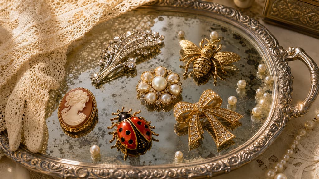 Collection de six broches vintage (strass art déco, abeille dorée, fleur de perles, camée, coccinelle émaillée) sur un plateau de toilette en argent patiné