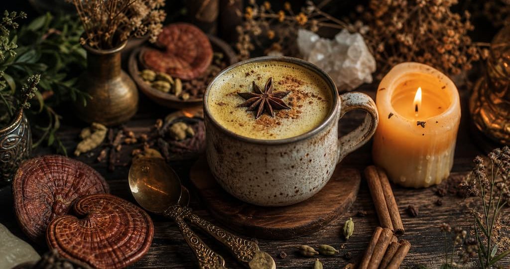 Latte adaptogène d'automne crémeux dans une tasse en céramique artisanale avec bâtons de cannelle et bougie en cire d'abeille
