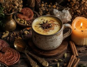 Latte adaptogène d'automne crémeux dans une tasse en céramique artisanale avec bâtons de cannelle et bougie en cire d'abeille