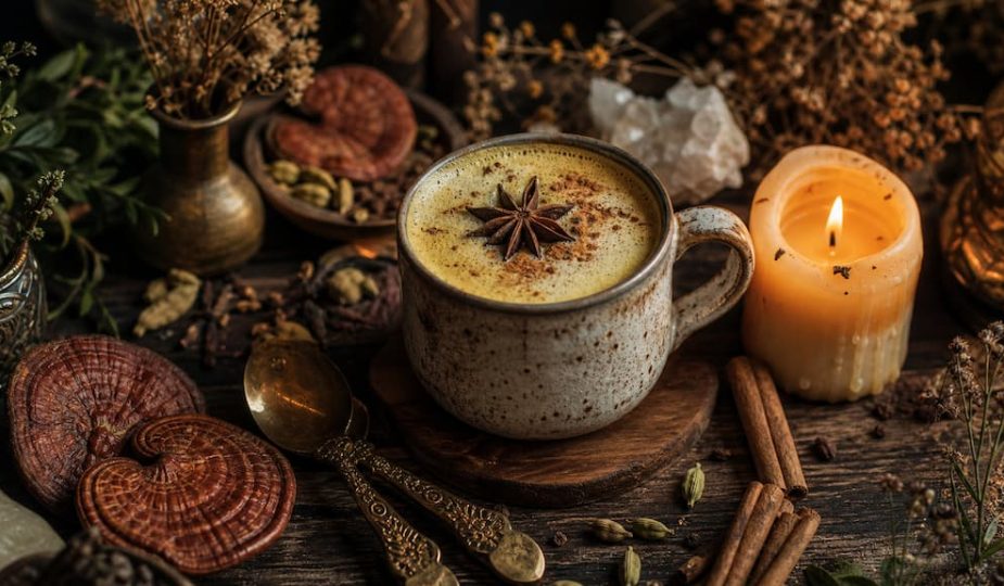 Latte adaptogène d'automne crémeux dans une tasse en céramique artisanale avec bâtons de cannelle et bougie en cire d'abeille