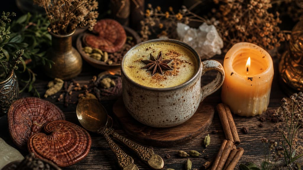 Latte adaptogène d'automne crémeux dans une tasse en céramique artisanale avec bâtons de cannelle et bougie en cire d'abeille
