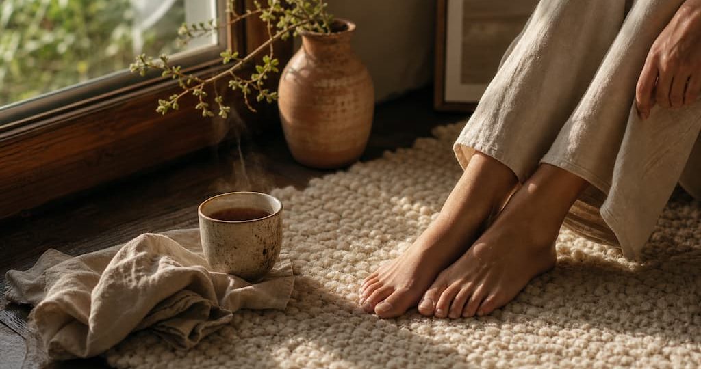 Pieds nus sur un tapis en laine naturelle avec tasse en céramique fumante près d'une fenêtre baignée de lumière dorée