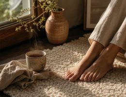 Pieds nus sur un tapis en laine naturelle avec tasse en céramique fumante près d'une fenêtre baignée de lumière dorée