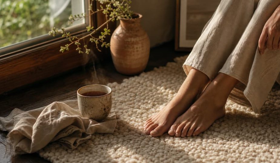 Pieds nus sur un tapis en laine naturelle avec tasse en céramique fumante près d'une fenêtre baignée de lumière dorée