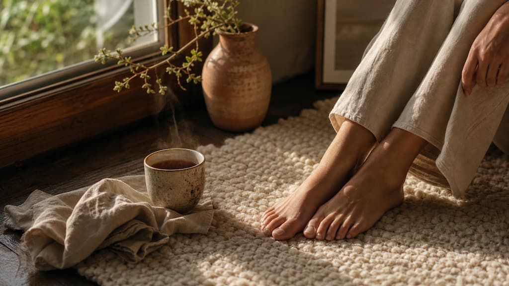 Pieds nus sur un tapis en laine naturelle avec tasse en céramique fumante près d'une fenêtre baignée de lumière dorée