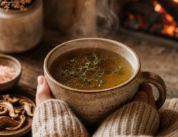 Mains avec pull en maille tenant un grand mug en grès artisanal rempli d'un bouillon doré fumant au coin du feu