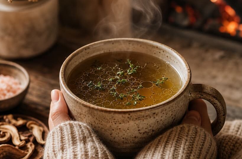 Mains avec pull en maille tenant un grand mug en grès artisanal rempli d'un bouillon doré fumant au coin du feu