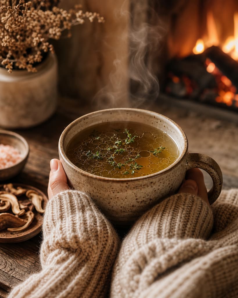 Mains avec pull en maille tenant un grand mug en grès artisanal rempli d'un bouillon doré fumant au coin du feu