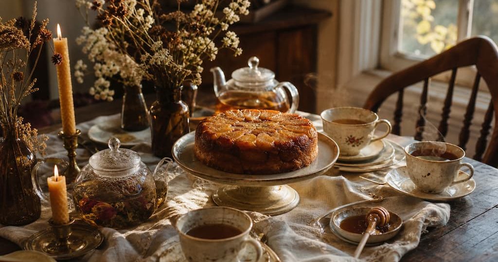 Table de Tea Time d'automne féerique avec gâteau aux pommes caramélisées, tasses en céramique et bougies en cire d'abeille