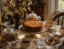 Table de Tea Time d'automne féerique avec gâteau aux pommes caramélisées, tasses en céramique et bougies en cire d'abeille