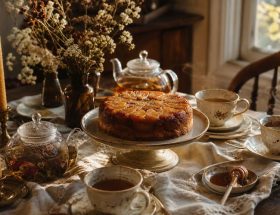 Table de Tea Time d'automne féerique avec gâteau aux pommes caramélisées, tasses en céramique et bougies en cire d'abeille