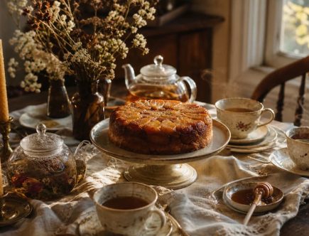 Table de Tea Time d'automne féerique avec gâteau aux pommes caramélisées, tasses en céramique et bougies en cire d'abeille