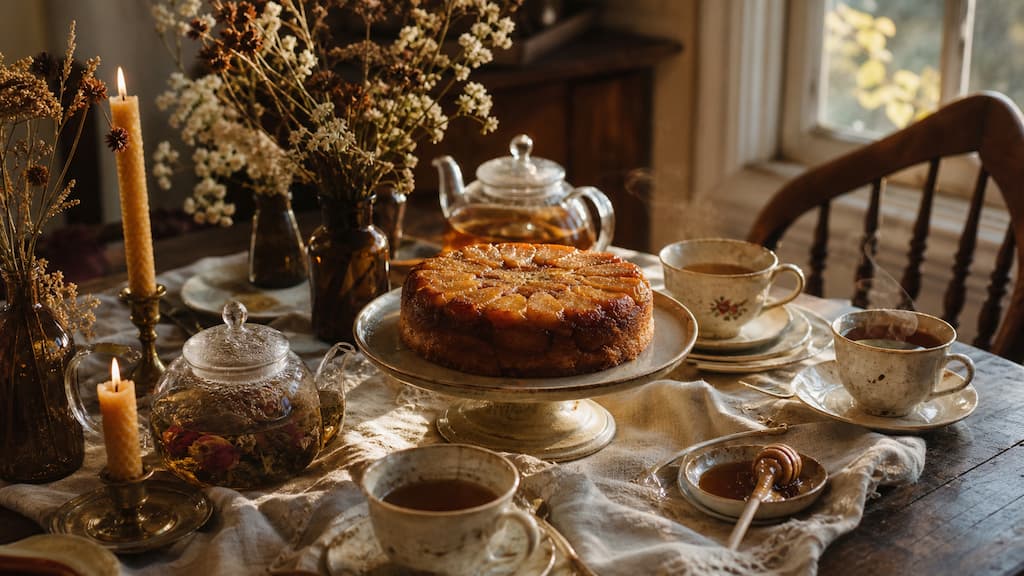 Table de Tea Time d'automne féerique avec gâteau aux pommes caramélisées, tasses en céramique et bougies en cire d'abeille
