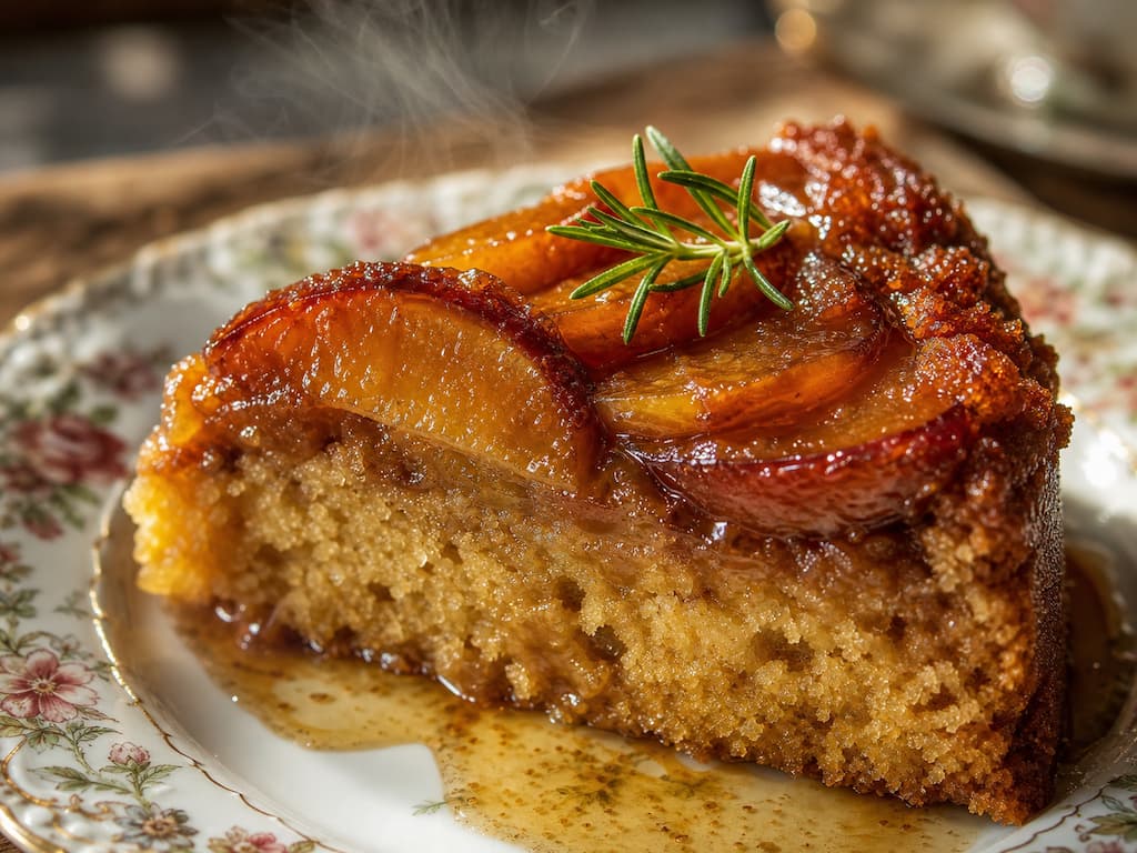 Part de gâteau renversé aux pommes caramélisées au sirop d'érable et romarin sur assiette en porcelaine vintage